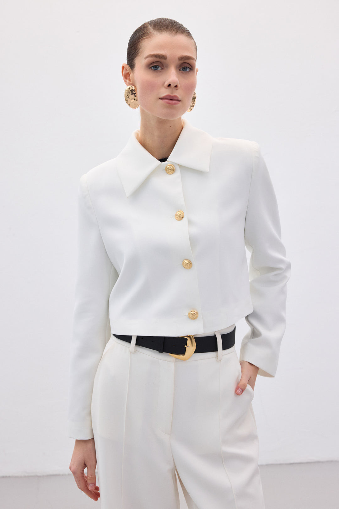 Sateen Veste courte à boutons - Écru
