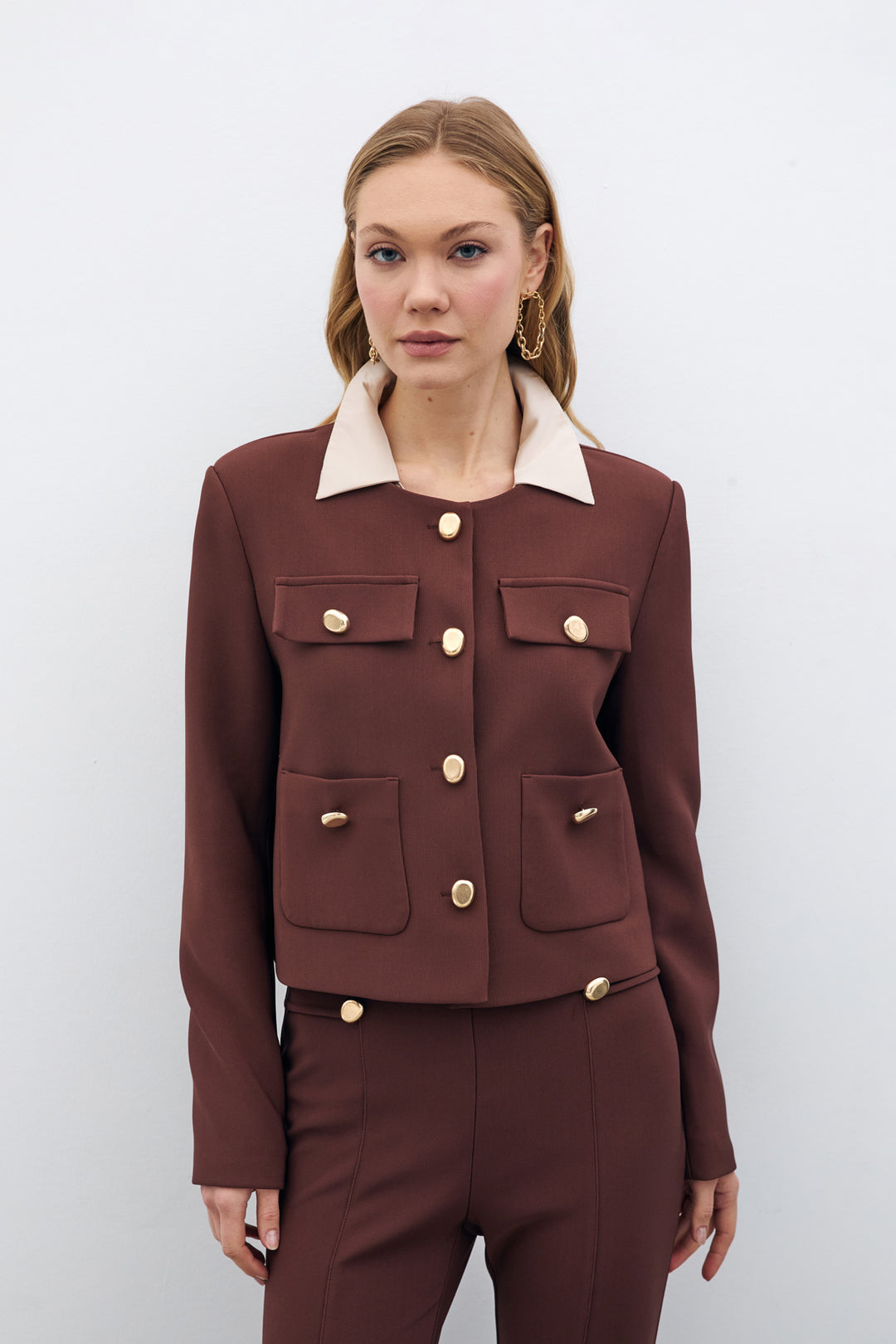 Sateen Veste Courte Boutonnée - Marron