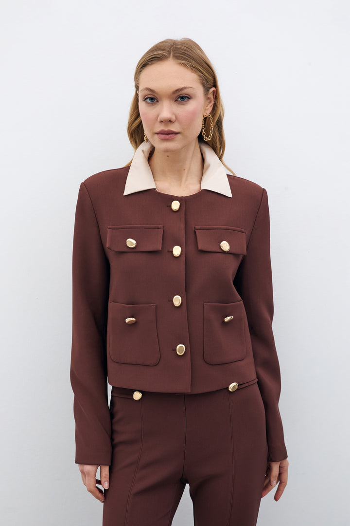 Sateen Veste Courte Boutonnée - Marron
