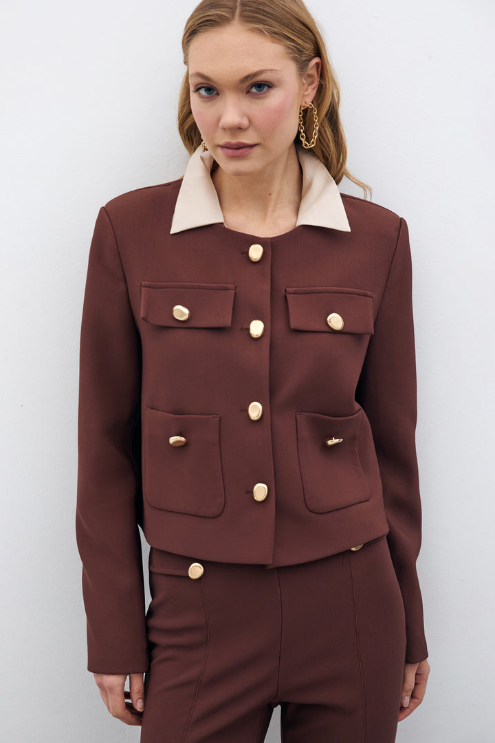 Sateen Veste Courte Boutonnée - Marron