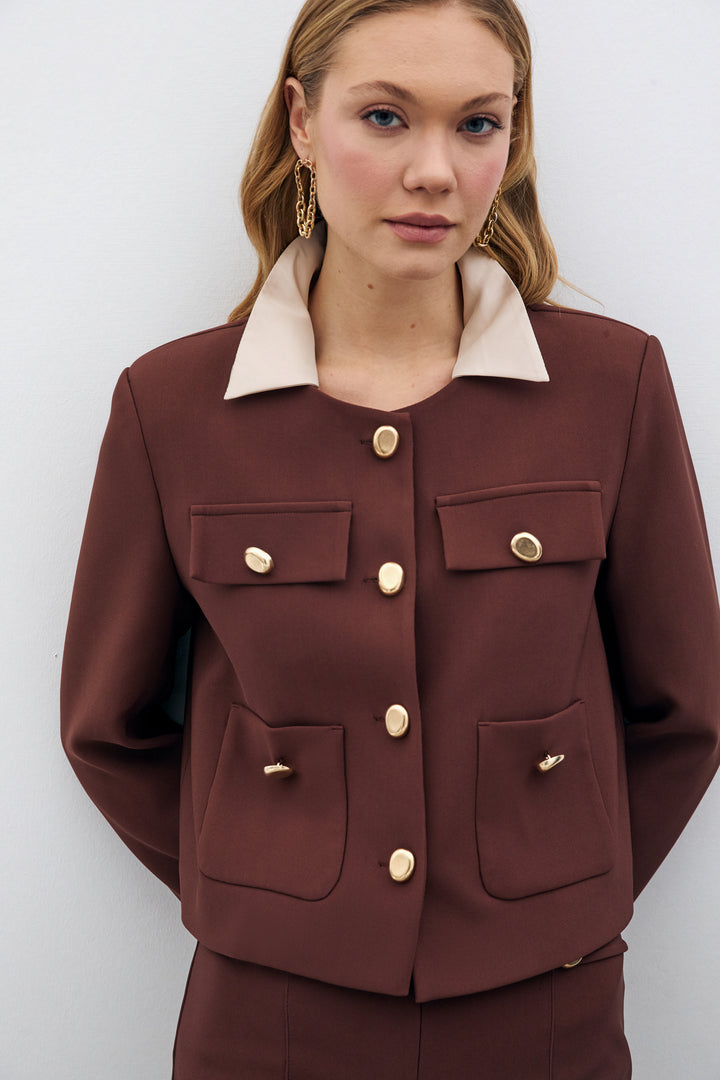 Sateen Veste Courte Boutonnée - Marron