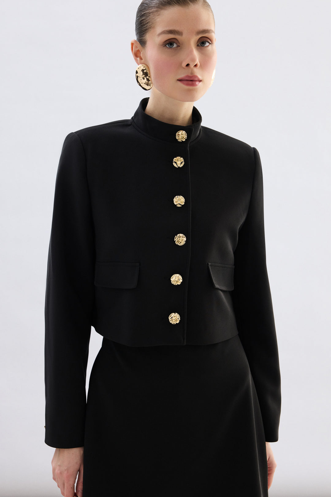 Sateen Veste Courte Boutonnée - Noir