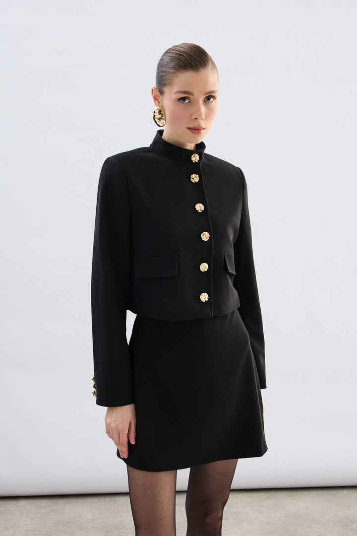 Sateen Veste Courte Boutonnée - Noir