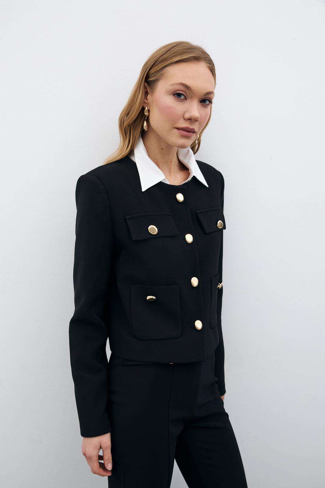 Sateen Veste Courte Boutonnée - Noir