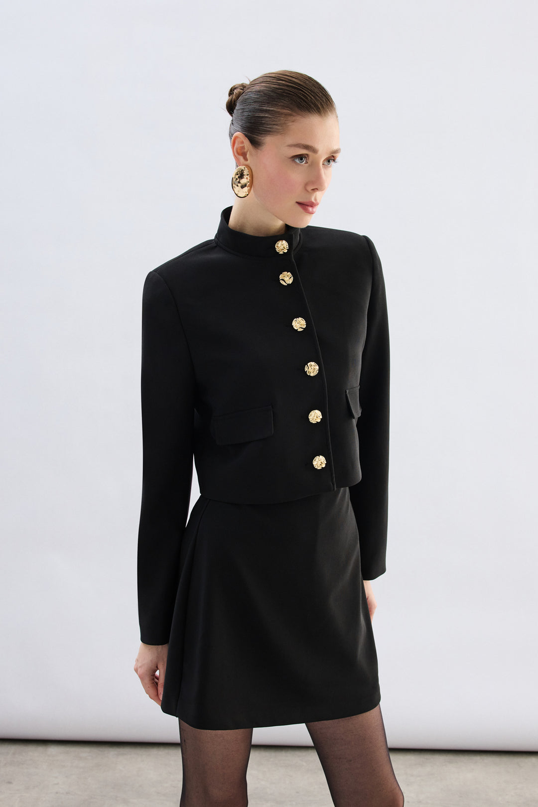 Sateen Veste Courte Boutonnée - Noir