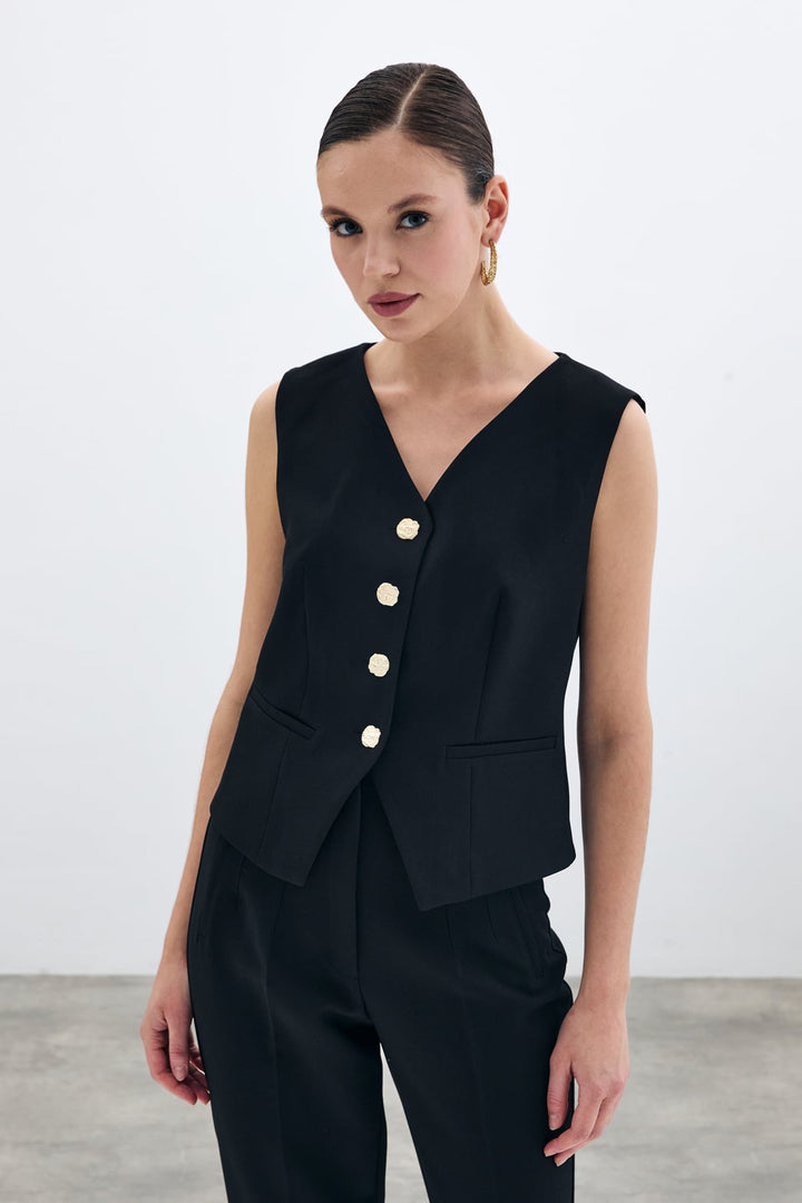 Sateen Gilet court à boutons - Noir