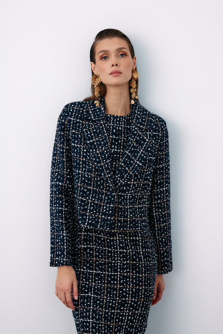 Sateen Veste courte en tweed à boutons - Bleu marine