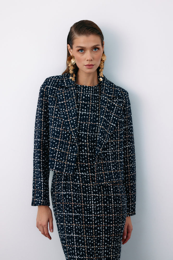 Sateen Veste courte en tweed à boutons - Bleu marine