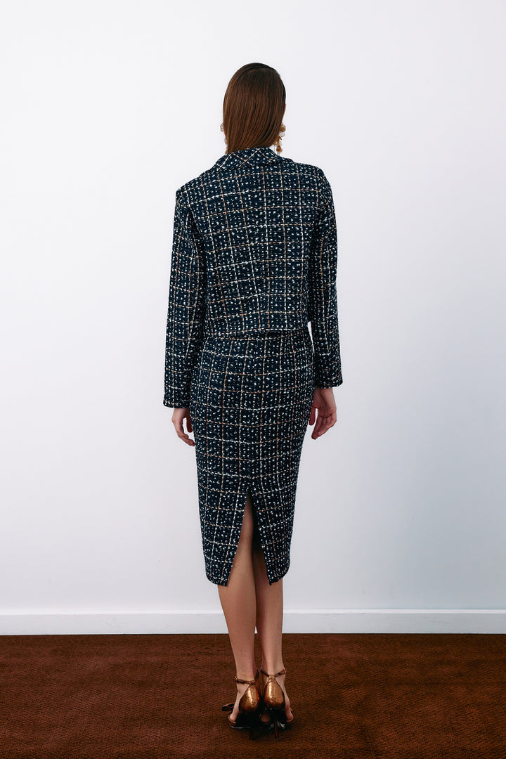 Sateen Veste courte en tweed à boutons - Bleu marine