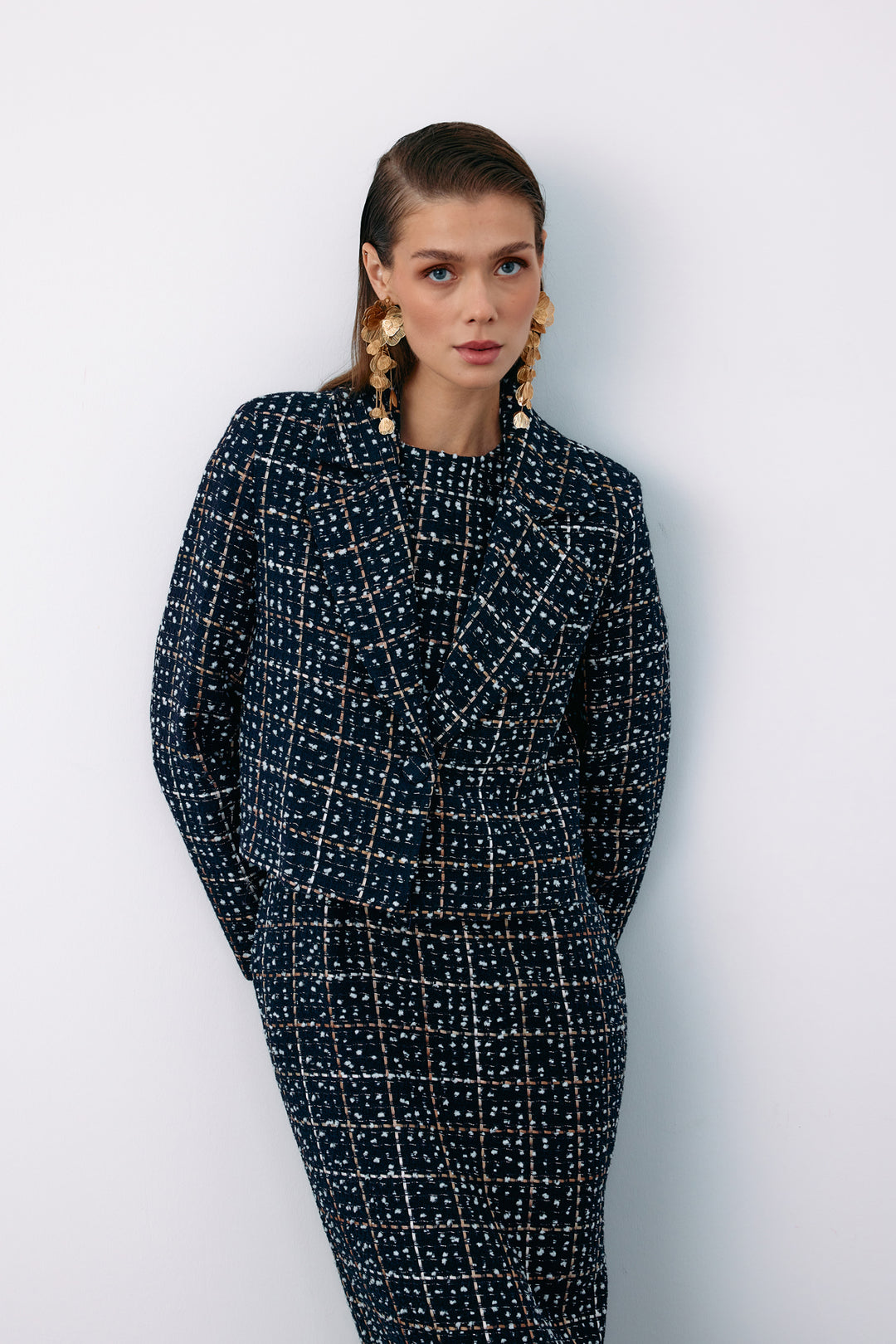 Sateen Veste courte en tweed à boutons - Bleu marine