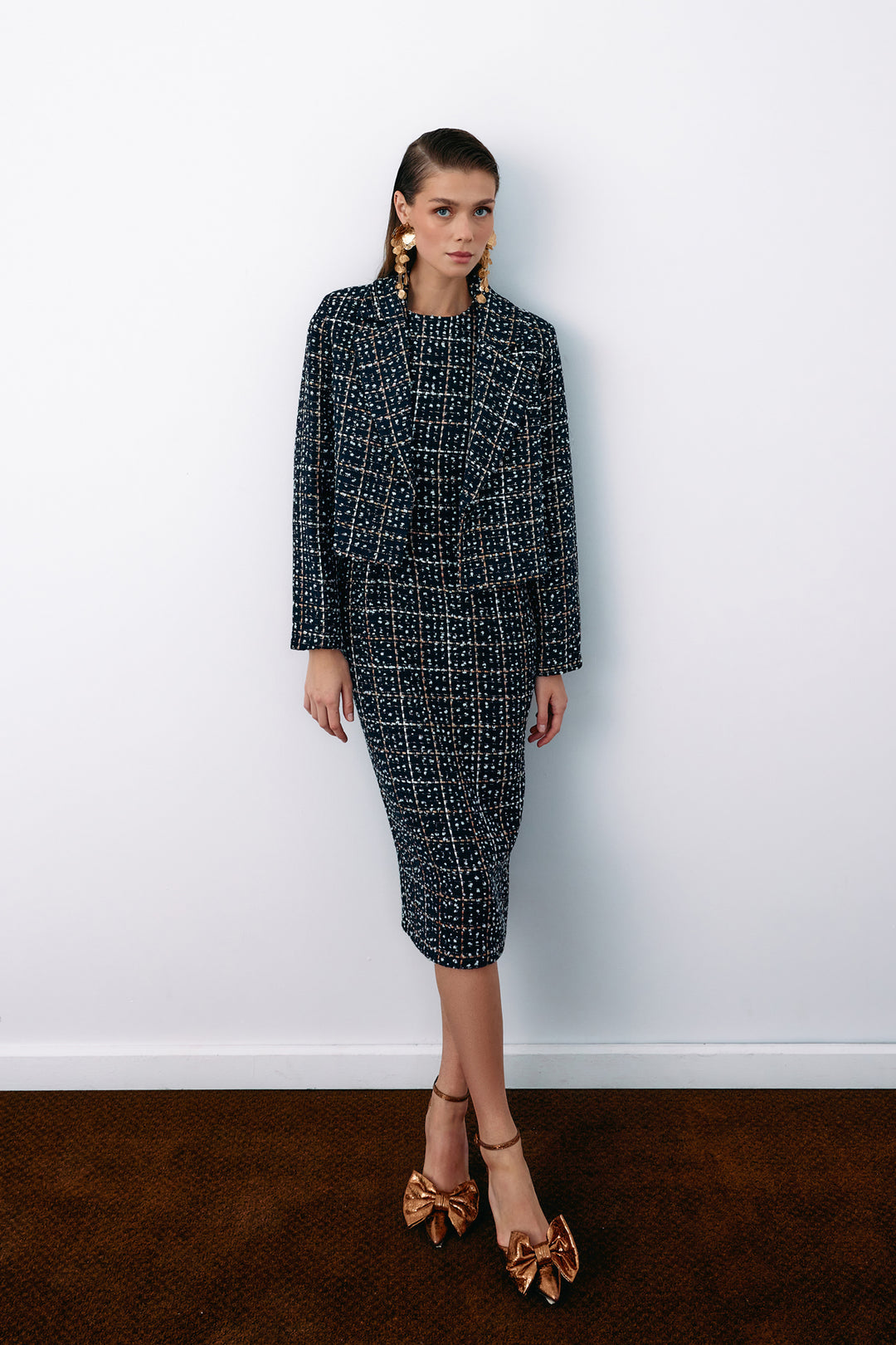 Sateen Veste courte en tweed à boutons - Bleu marine