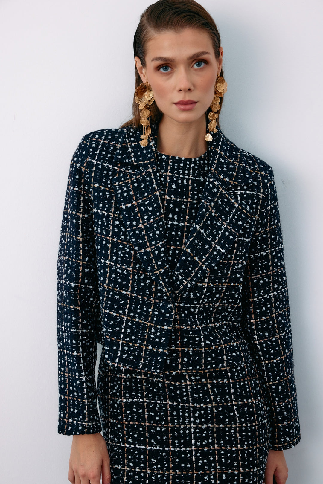 Sateen Veste courte en tweed à boutons - Bleu marine