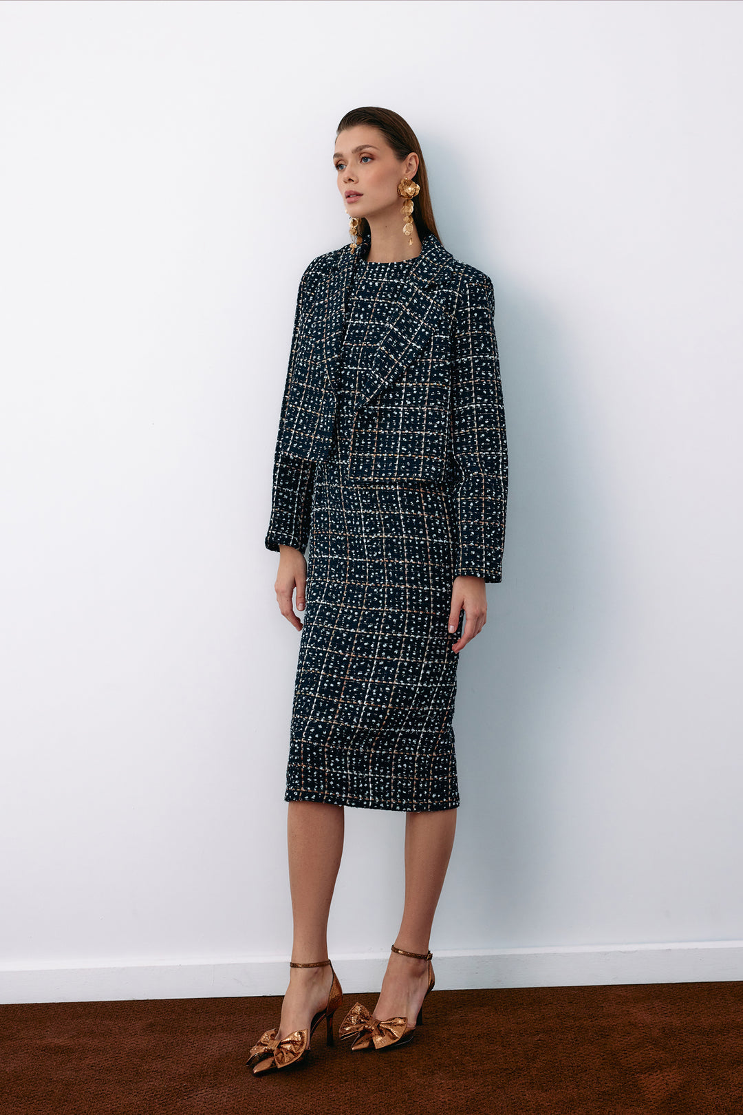 Sateen Veste courte en tweed à boutons - Bleu marine