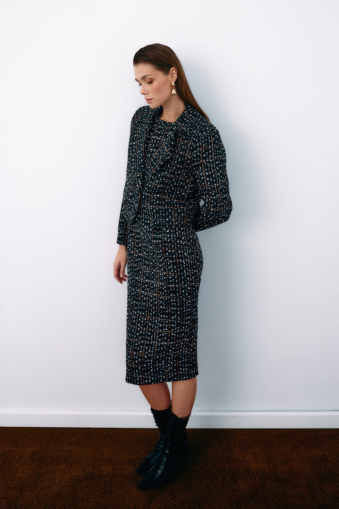 Sateen Veste courte en tweed à boutons - Noir