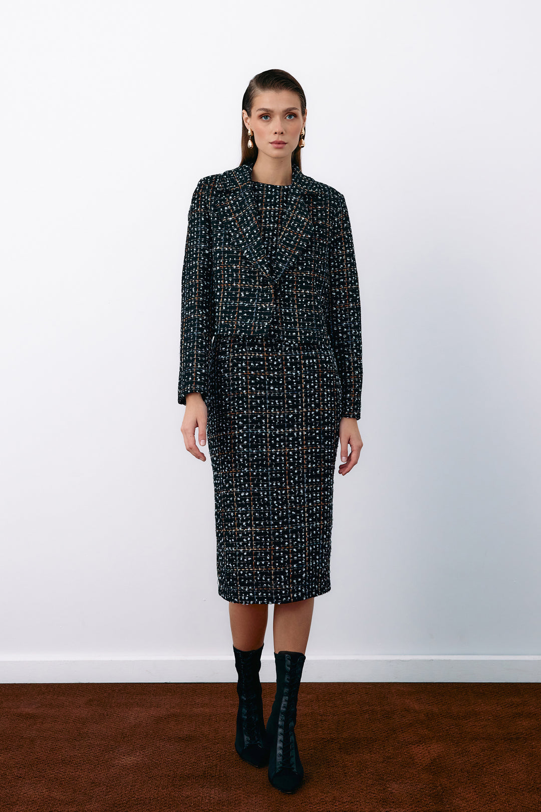 Sateen Veste courte en tweed à boutons - Noir
