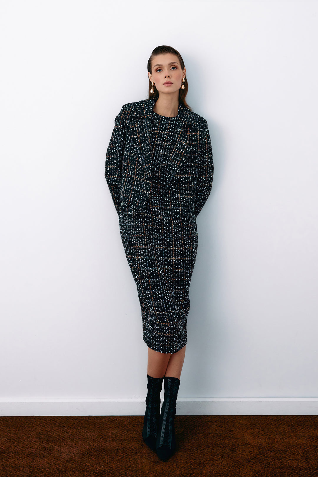 Sateen Veste courte en tweed à boutons - Noir