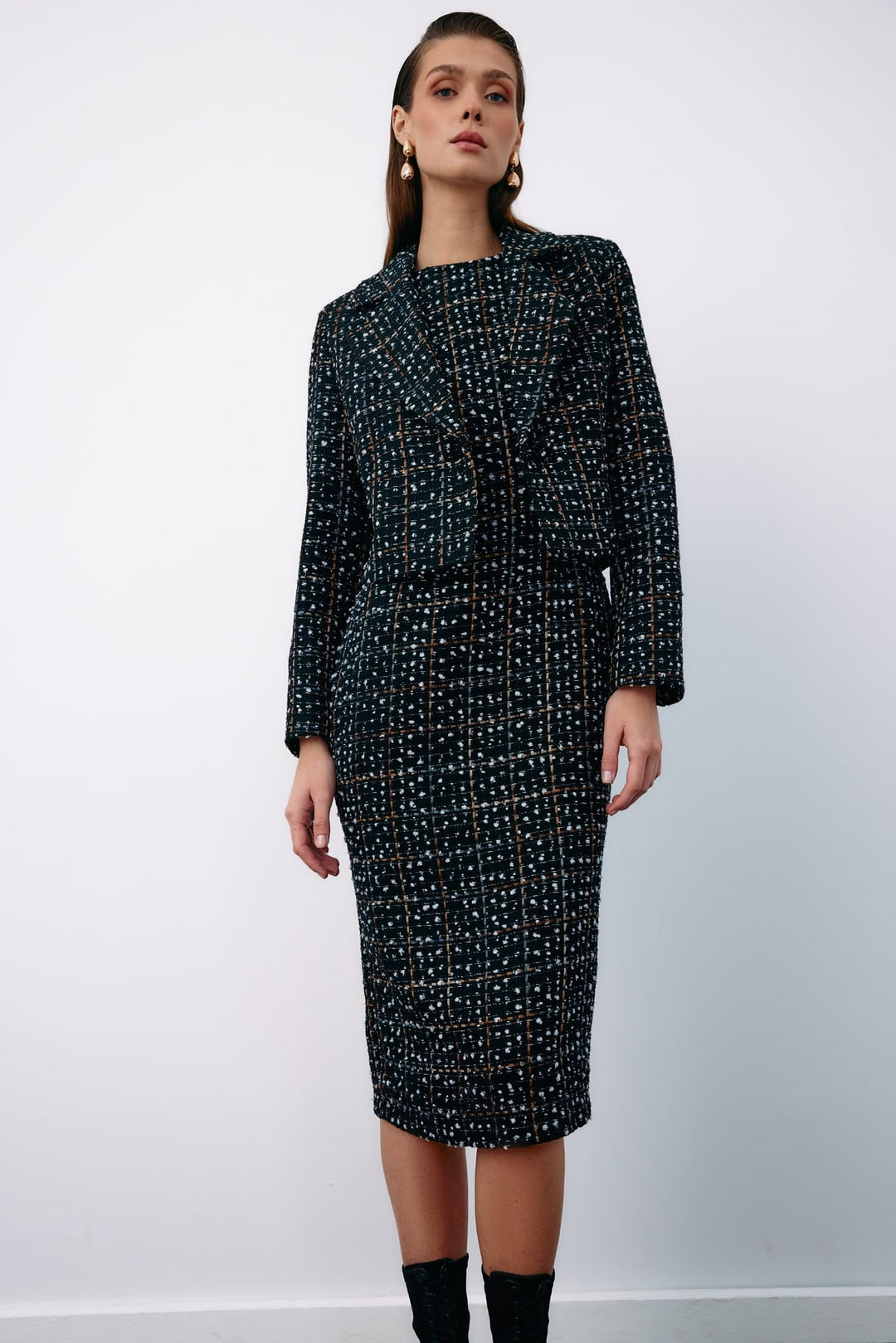 Sateen Veste courte en tweed à boutons - Noir