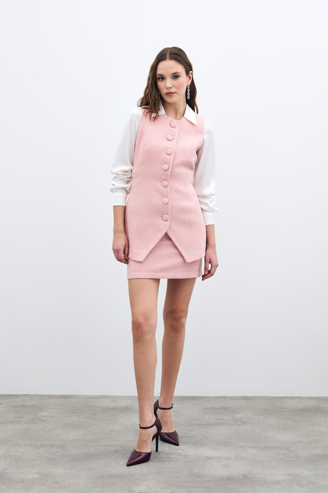 Sateen Gilet en Tweed Boutonné - Poudre