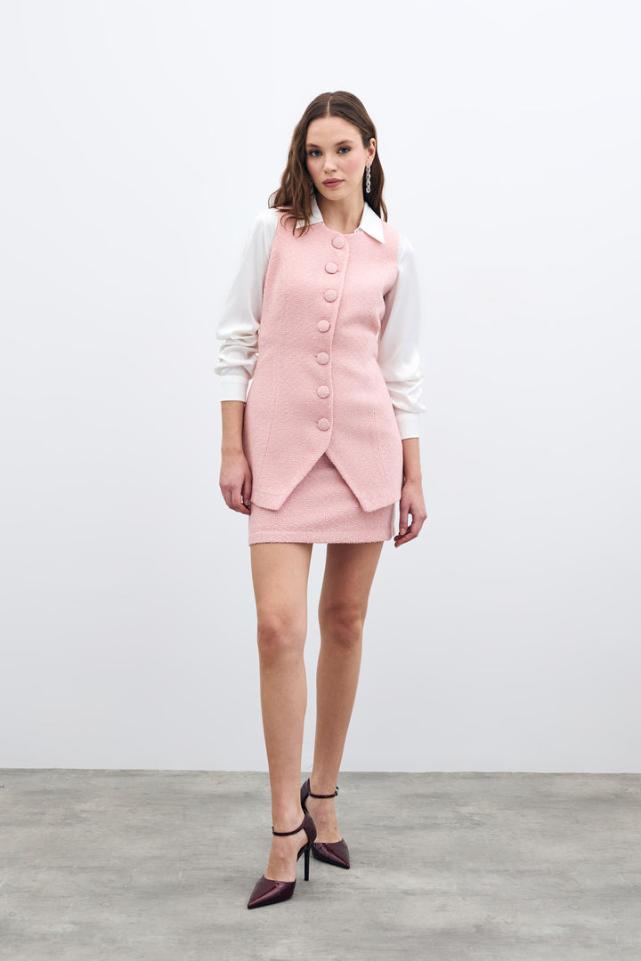 Sateen Gilet en Tweed Boutonné - Poudre
