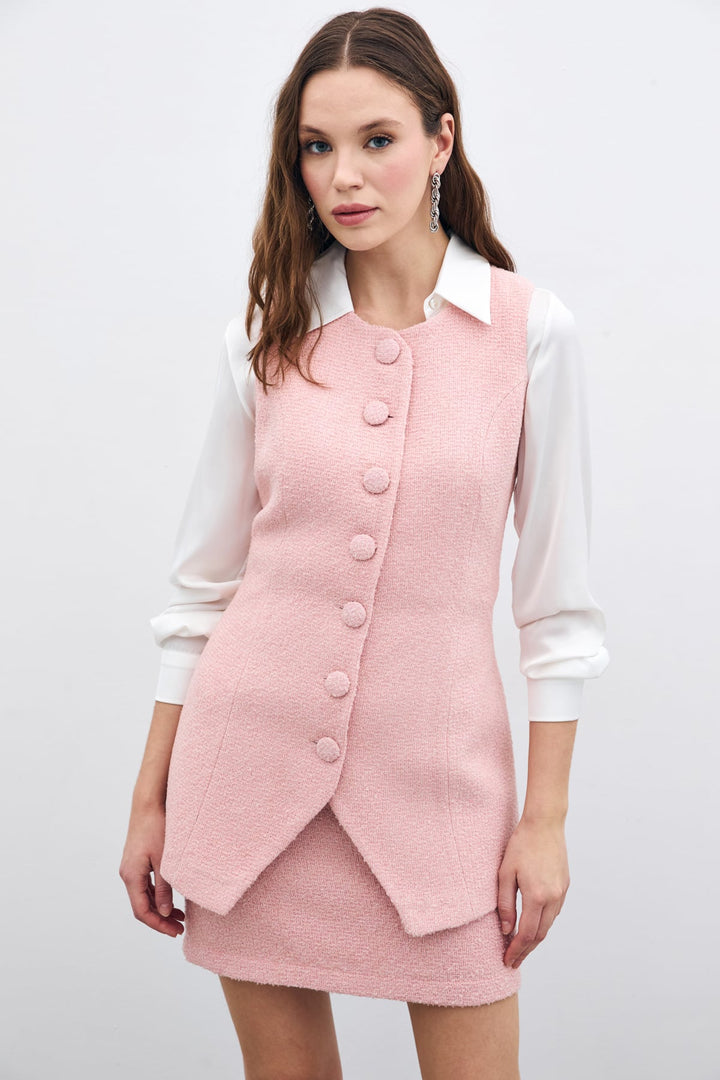 Sateen Gilet en Tweed Boutonné - Poudre