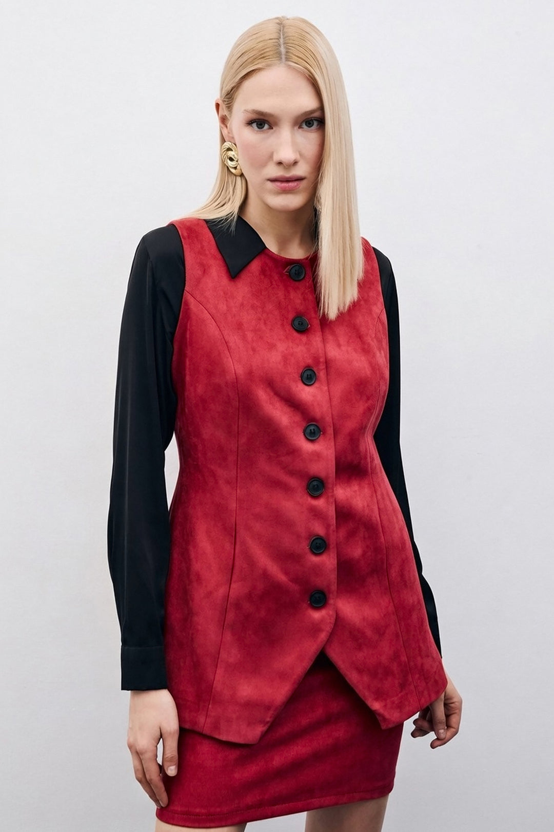 Sateen Gilet long en suède à boutons - Bordeaux