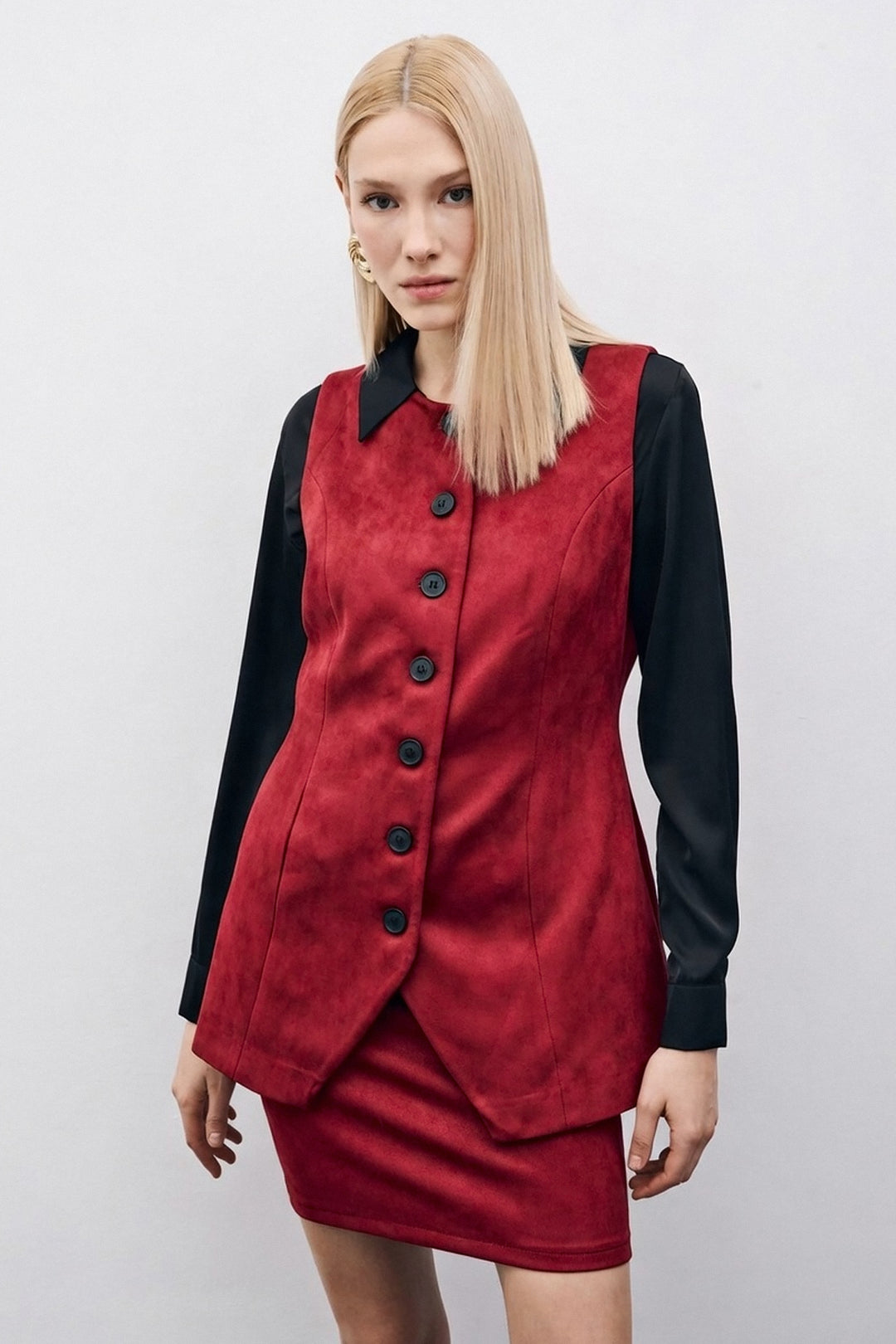 Sateen Gilet long en suède à boutons - Bordeaux