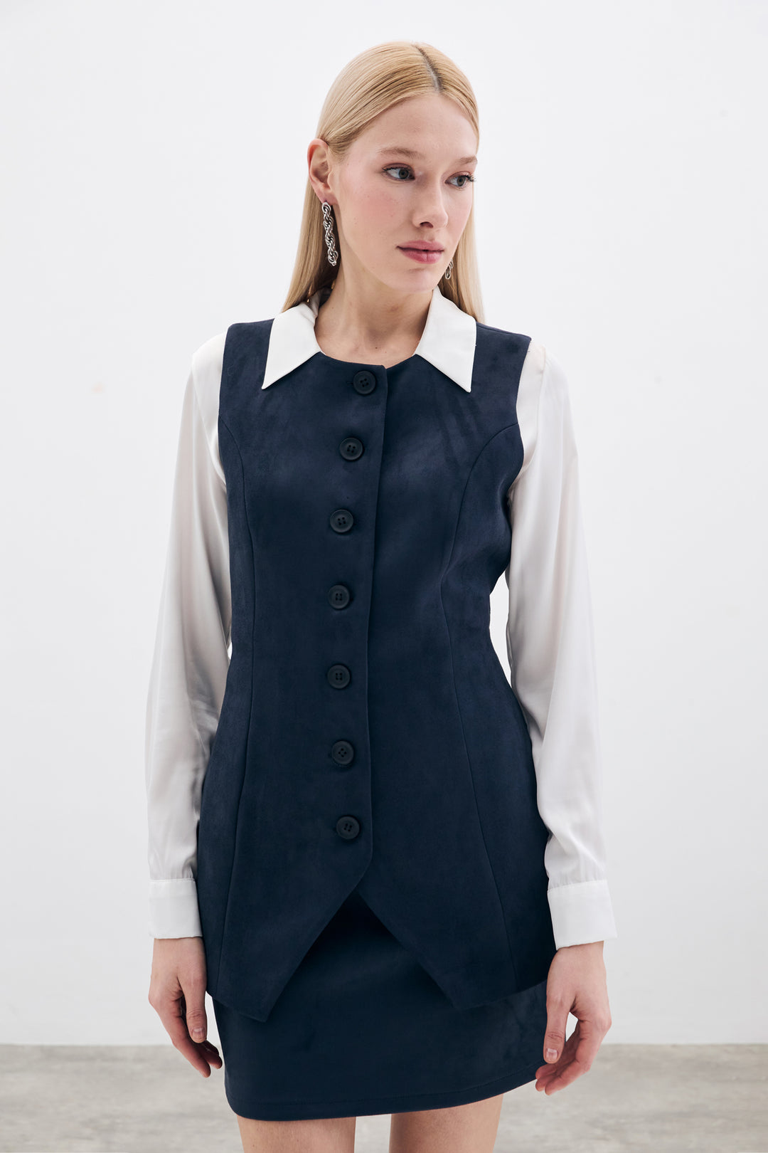 Sateen Gilet long en suède à boutons - Bleu marine