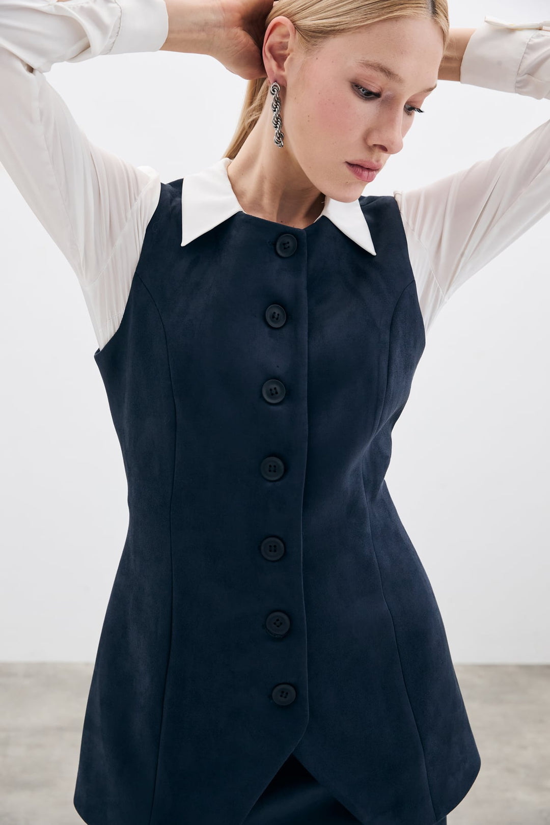 Sateen Gilet long en suède à boutons - Bleu marine