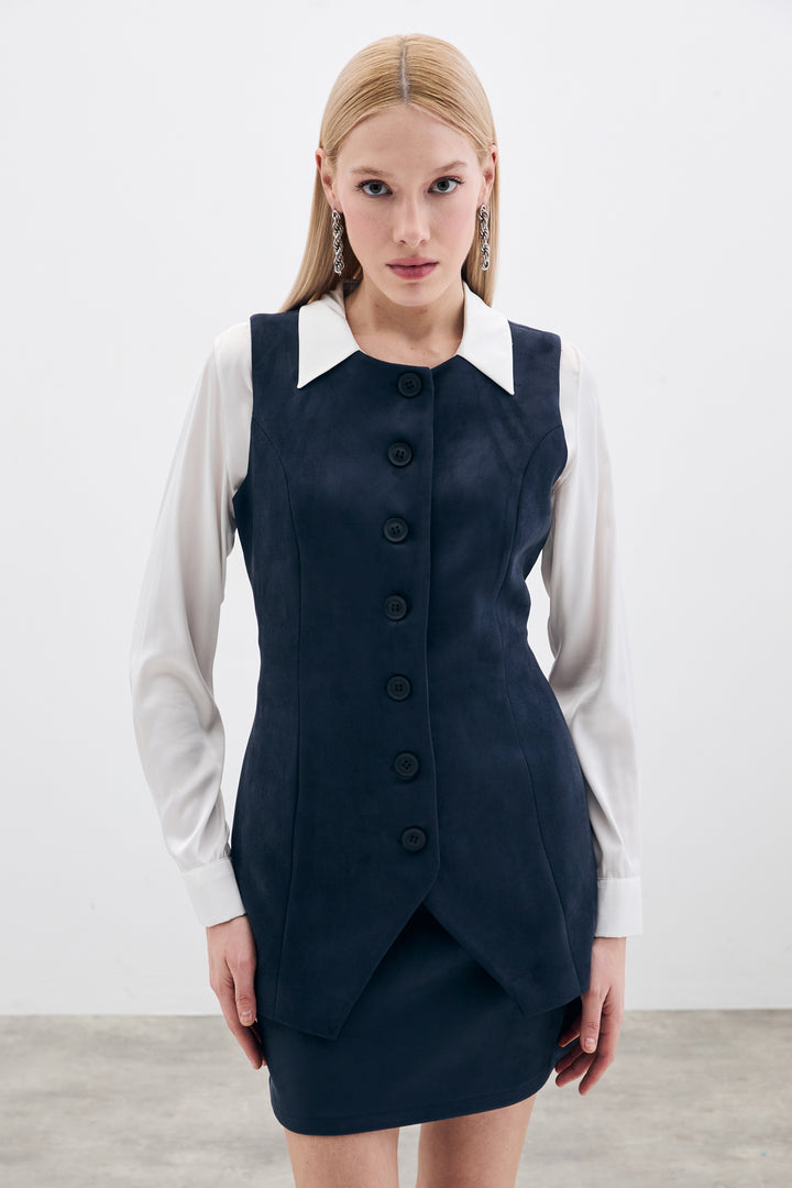 Sateen Gilet long en suède à boutons - Bleu marine