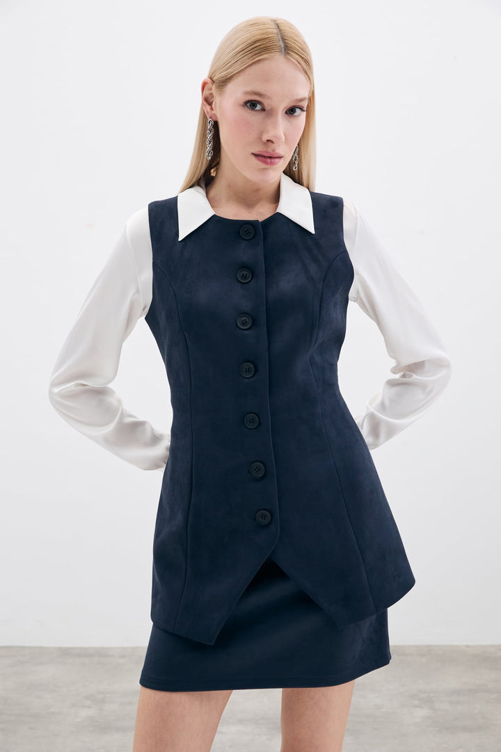 Sateen Gilet long en suède à boutons - Bleu marine