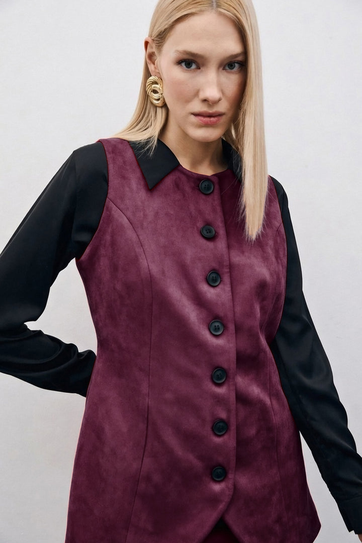 Sateen Gilet long en suède à boutons - Prune