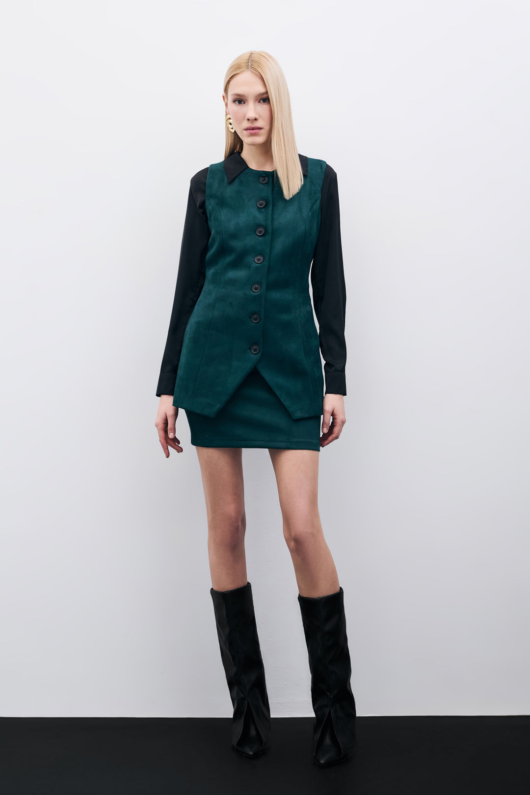 Sateen Gilet long en suède à boutons - Émeraude