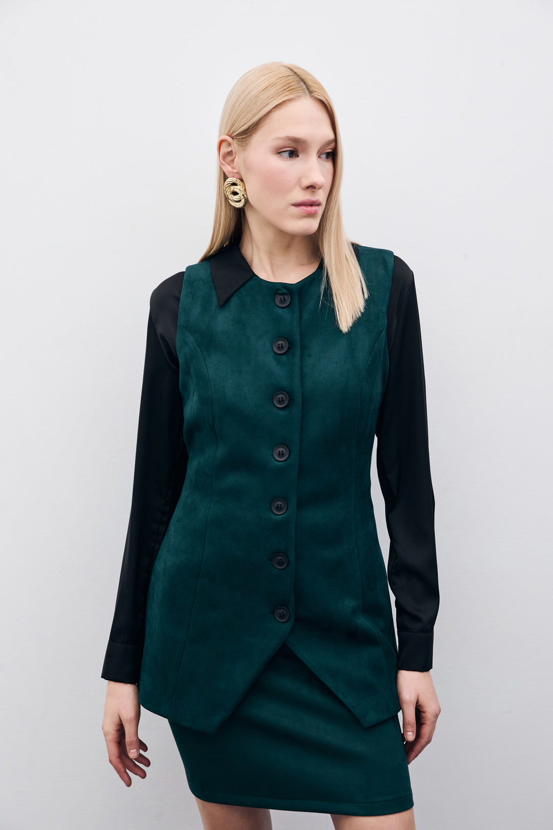 Sateen Gilet long en suède à boutons - Émeraude