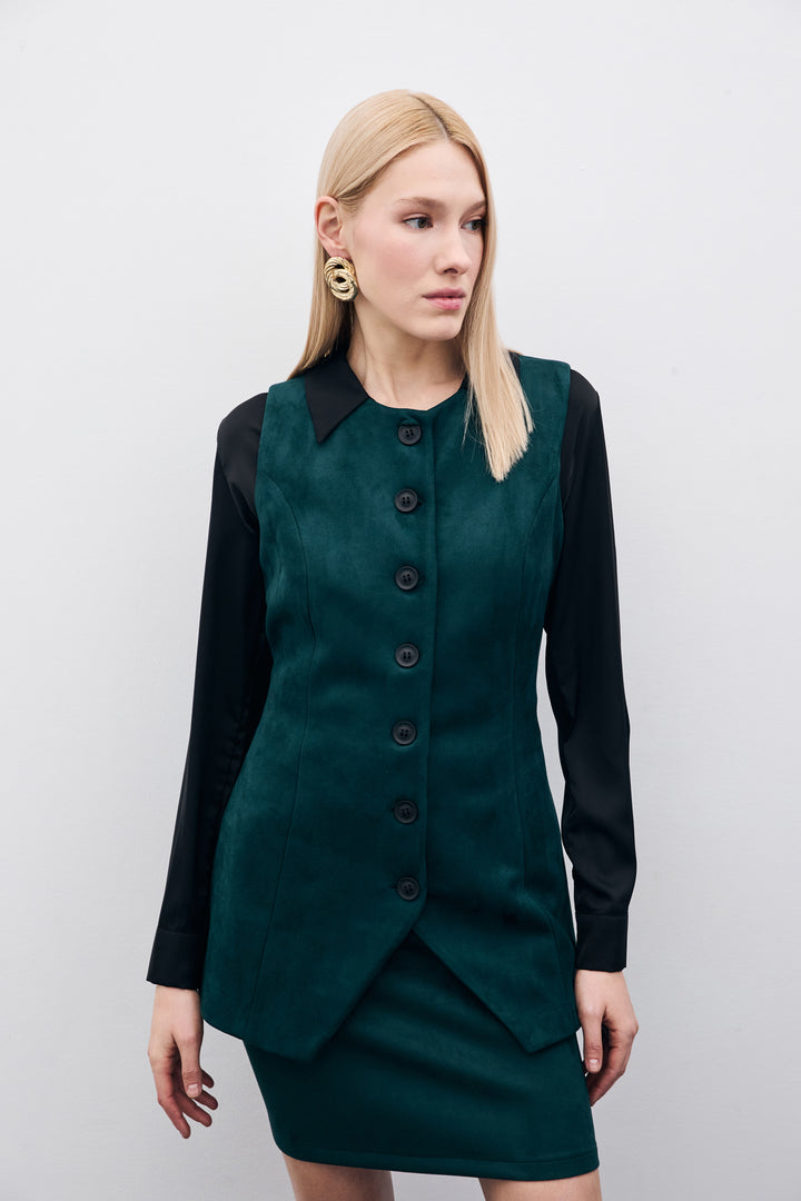 Sateen Gilet long en suède à boutons - Émeraude