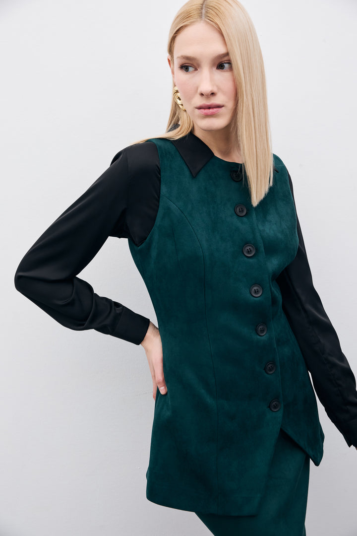 Sateen Gilet long en suède à boutons - Émeraude