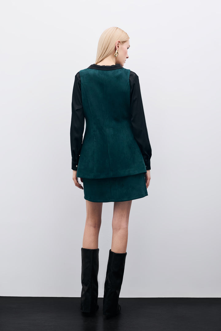 Sateen Gilet long en suède à boutons - Émeraude