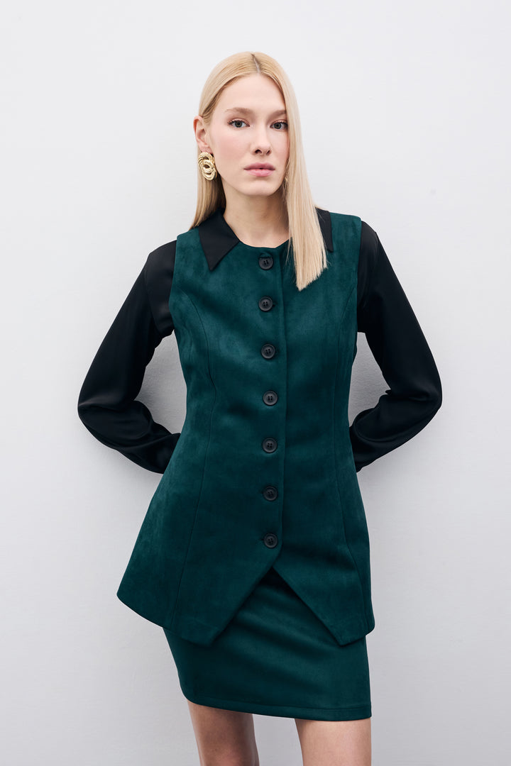 Sateen Gilet long en suède à boutons - Émeraude