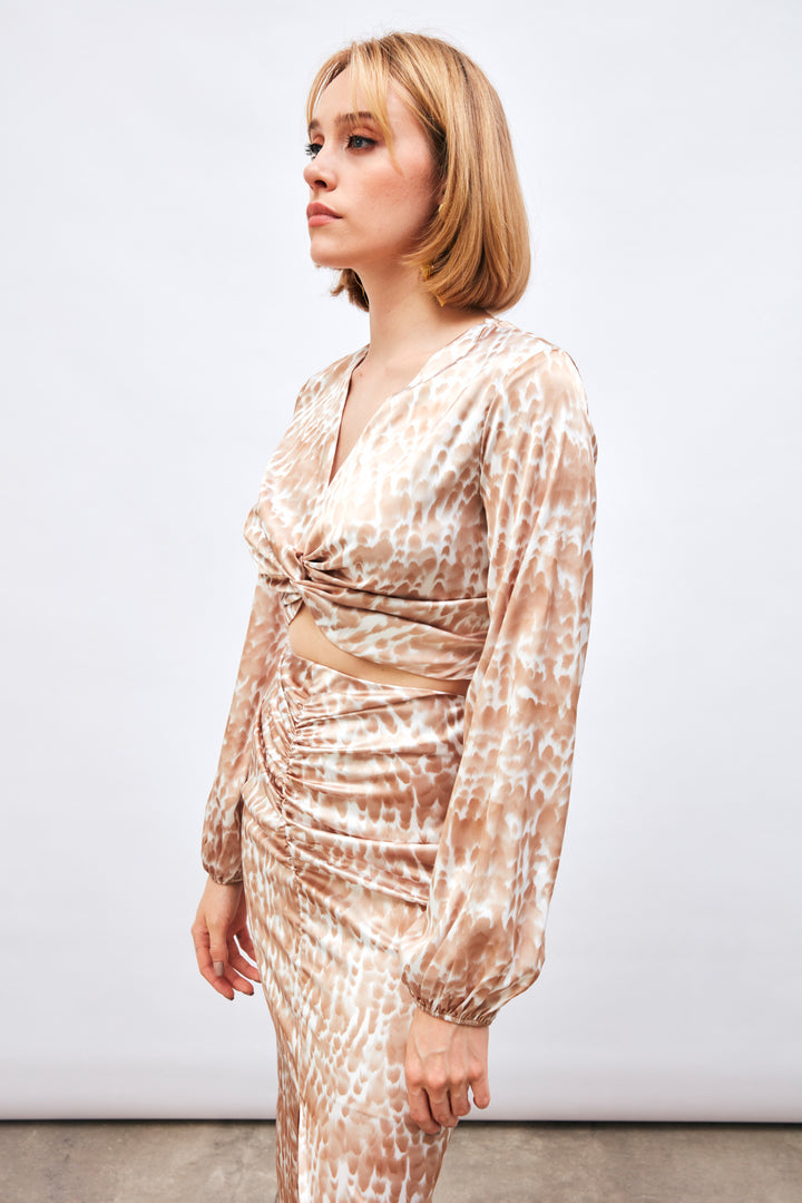 Sateen Blouse à motifs avec nœud - Marron