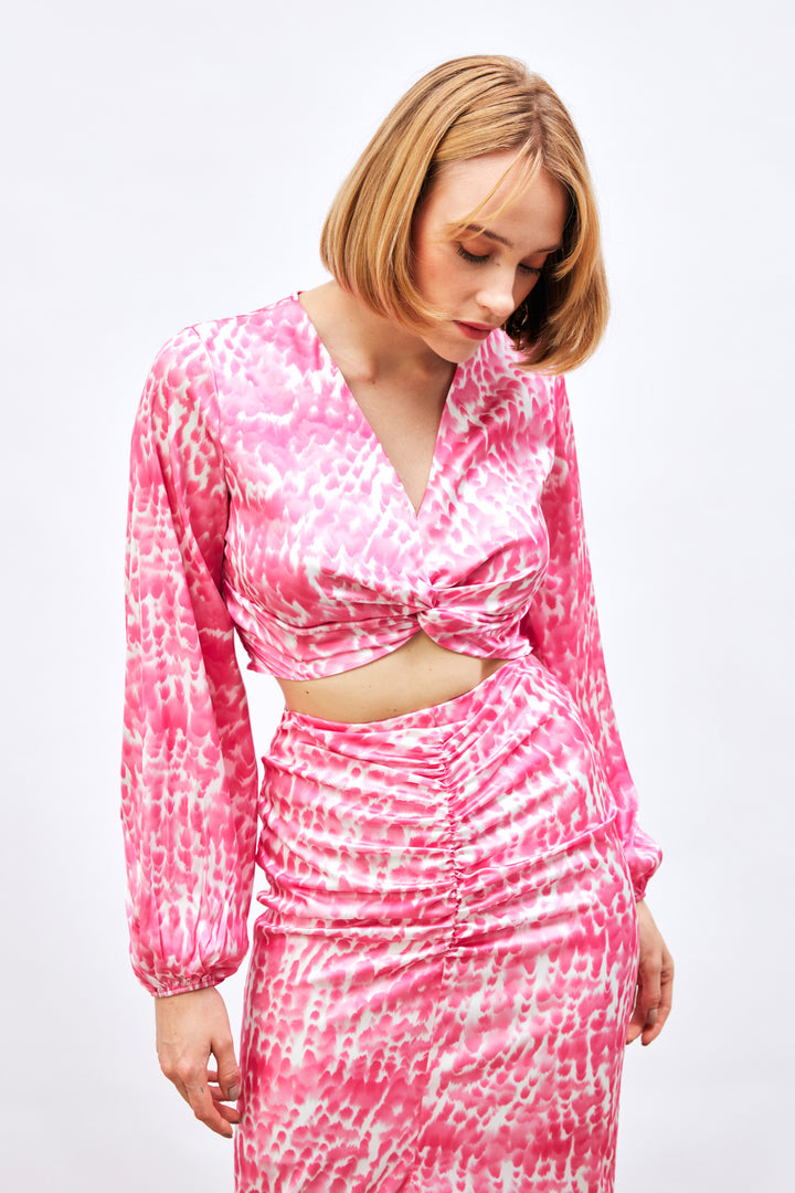 Sateen Blouse à Détails de Nœud à Motifs - Rose