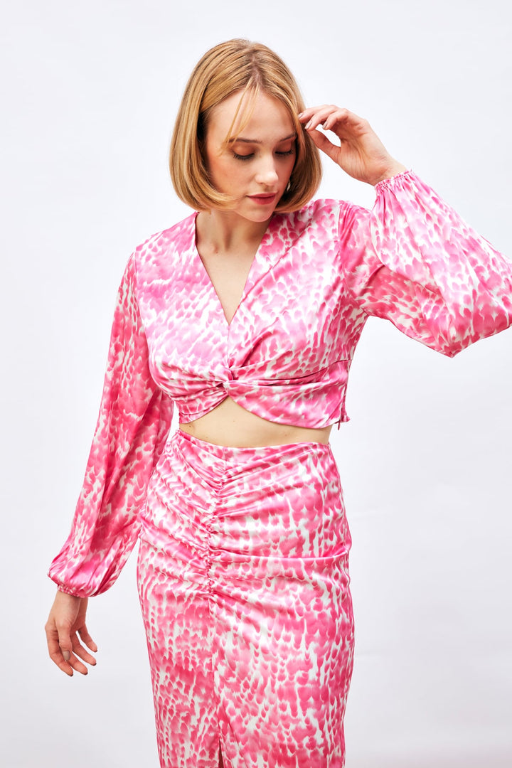 Sateen Blouse à Détails de Nœud à Motifs - Rose