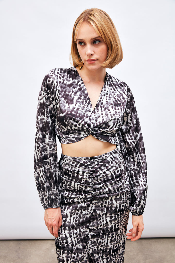 Sateen Blouse à Détails de Nœud à Motifs - Noir