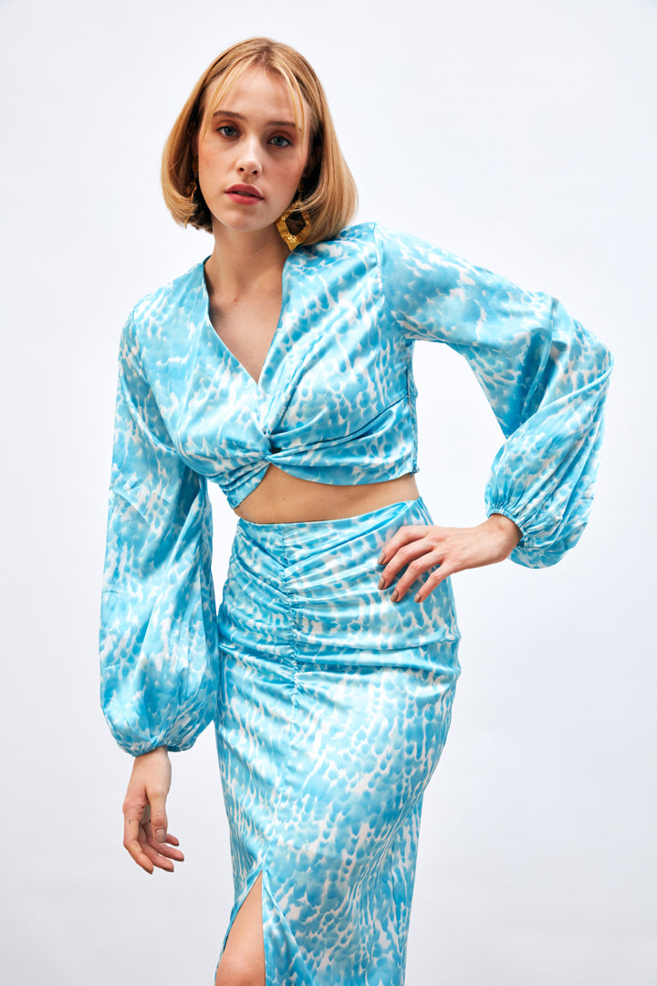 Sateen Blouse à Détails de Nœud à Motifs - Turquoise