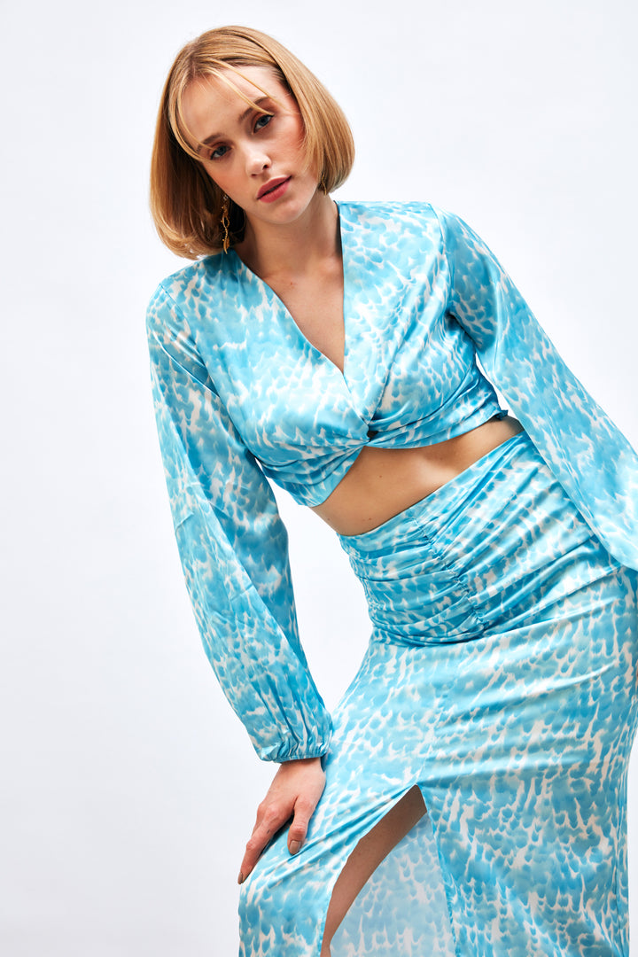 Sateen Blouse à Détails de Nœud à Motifs - Turquoise
