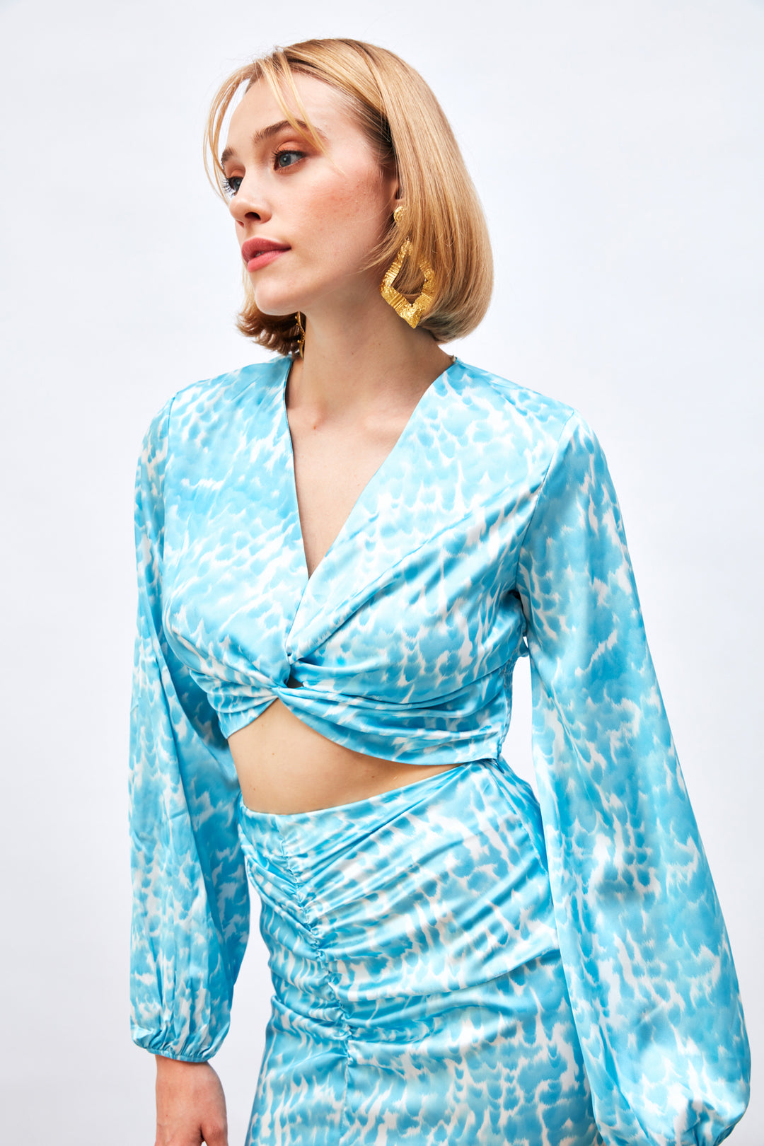 Sateen Blouse à Détails de Nœud à Motifs - Turquoise