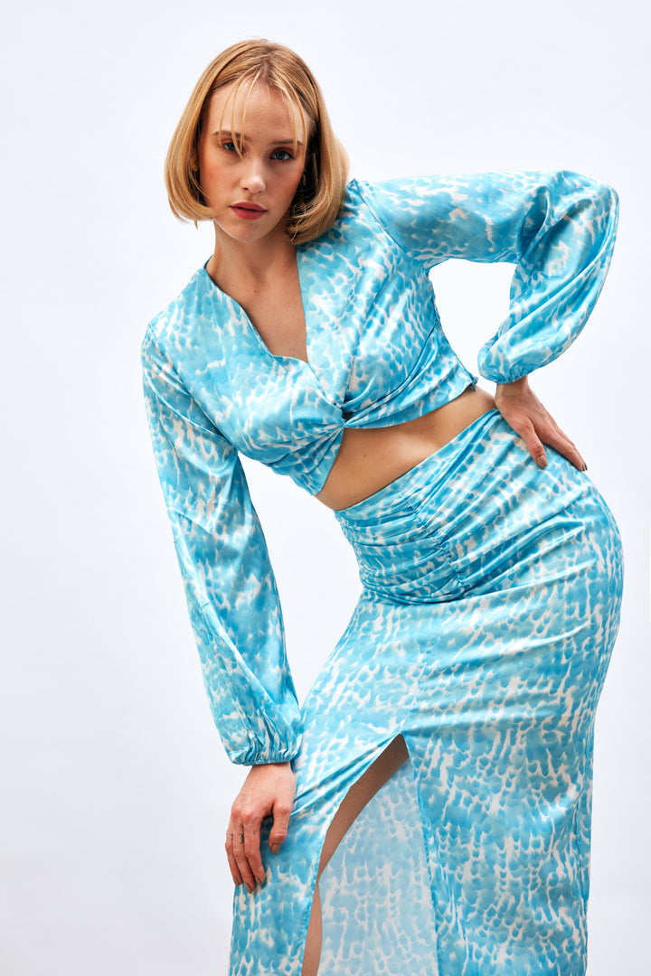 Sateen Blouse à Détails de Nœud à Motifs - Turquoise