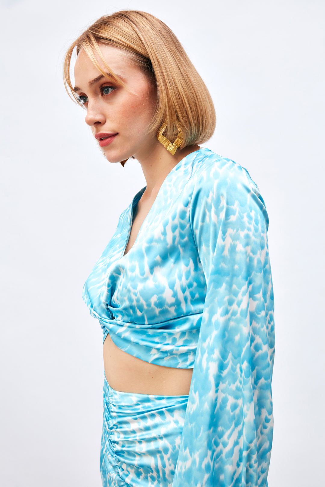 Sateen Blouse à Détails de Nœud à Motifs - Turquoise