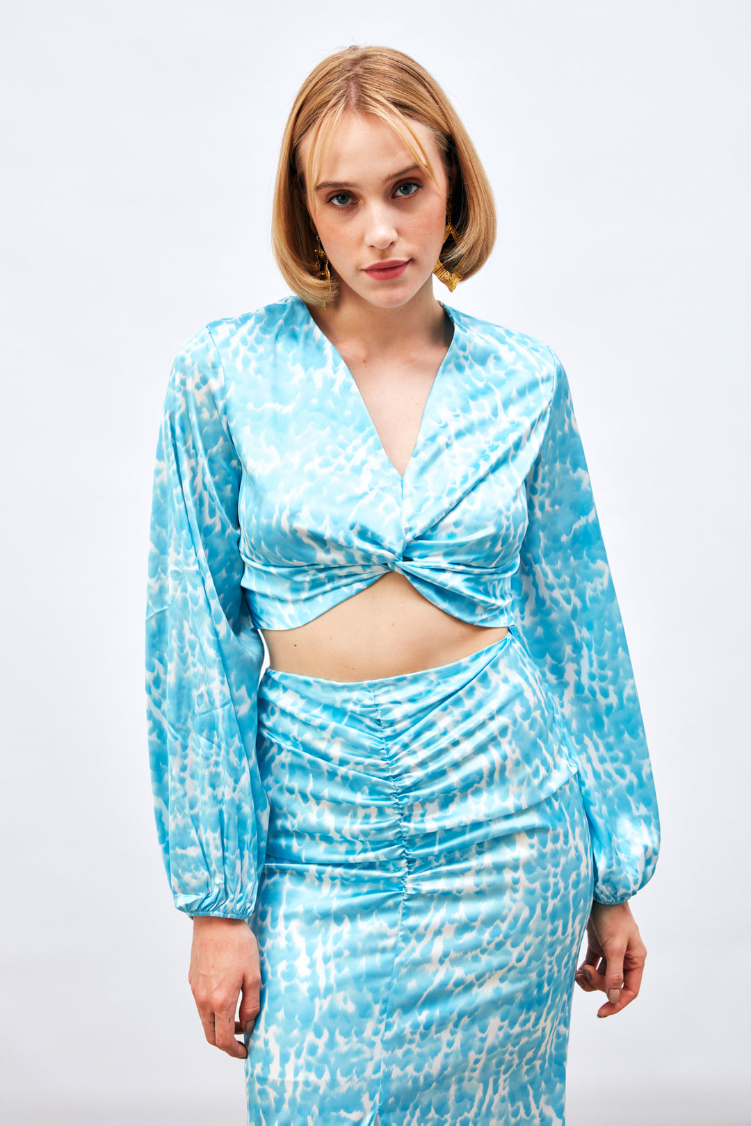Sateen Blouse à Détails de Nœud à Motifs - Turquoise