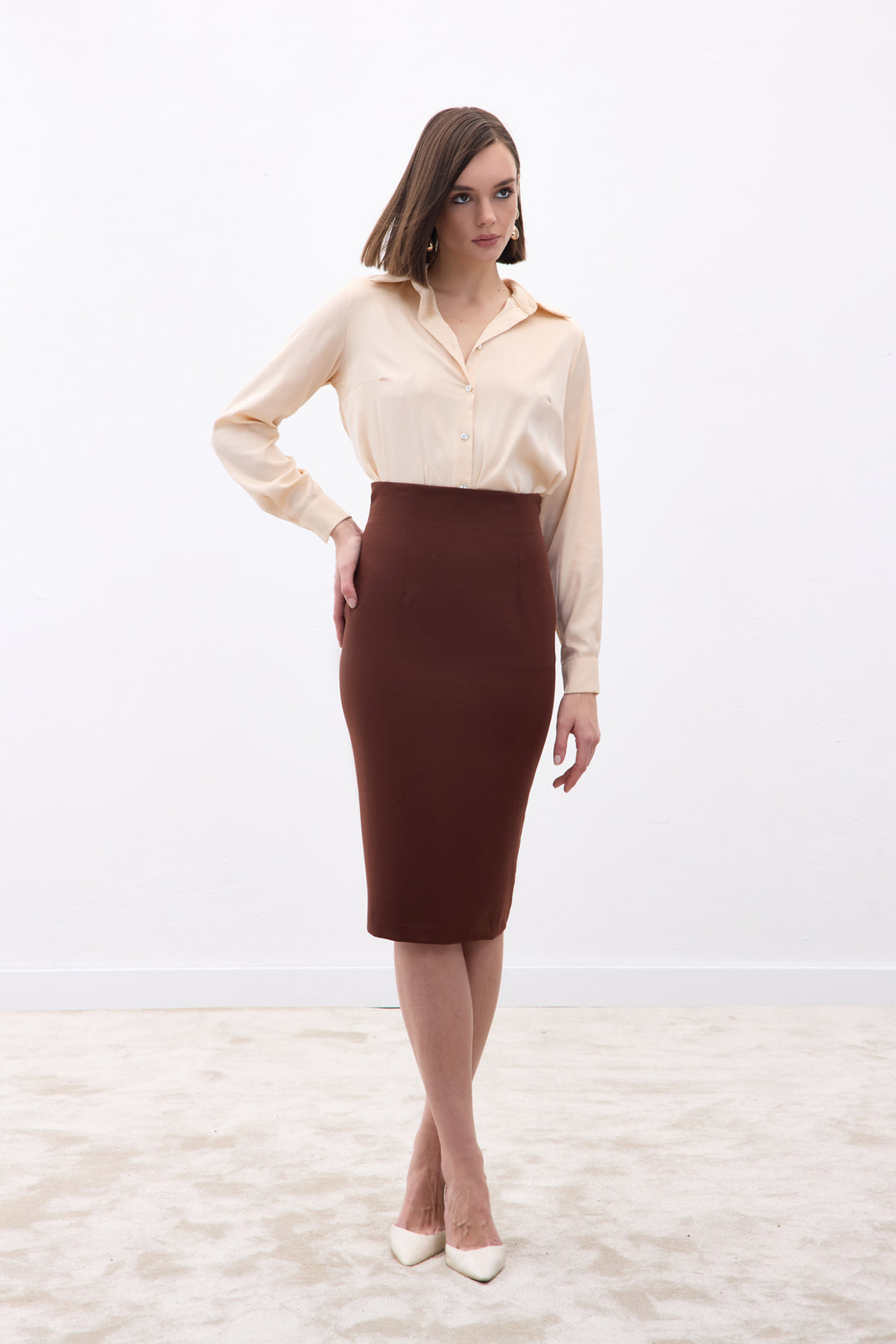 Sateen Jupe crayon droite - Marron