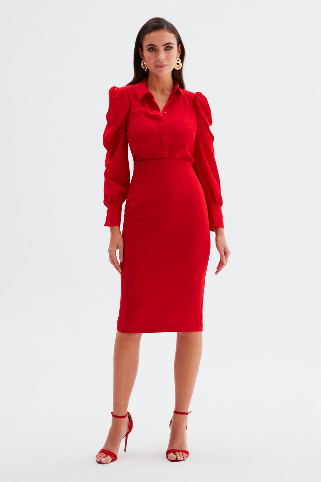 Sateen Jupe Crayon Unie - Rouge