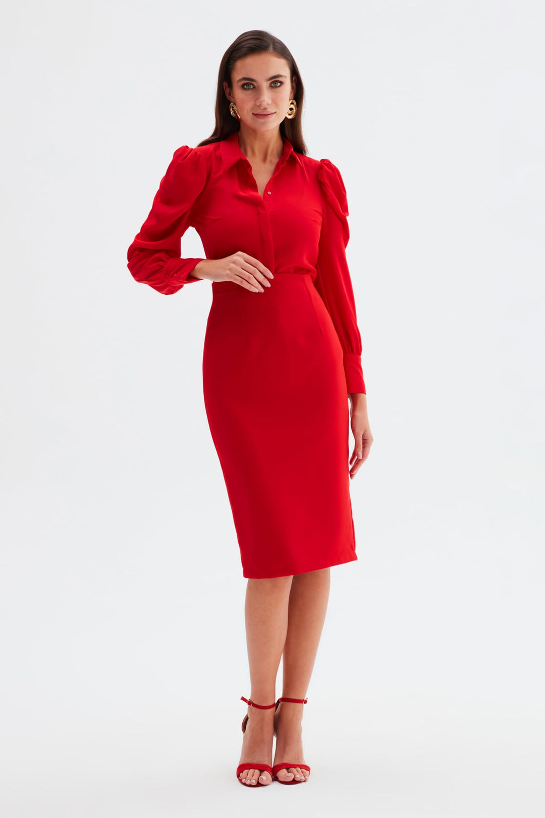 Sateen Jupe Crayon Unie - Rouge